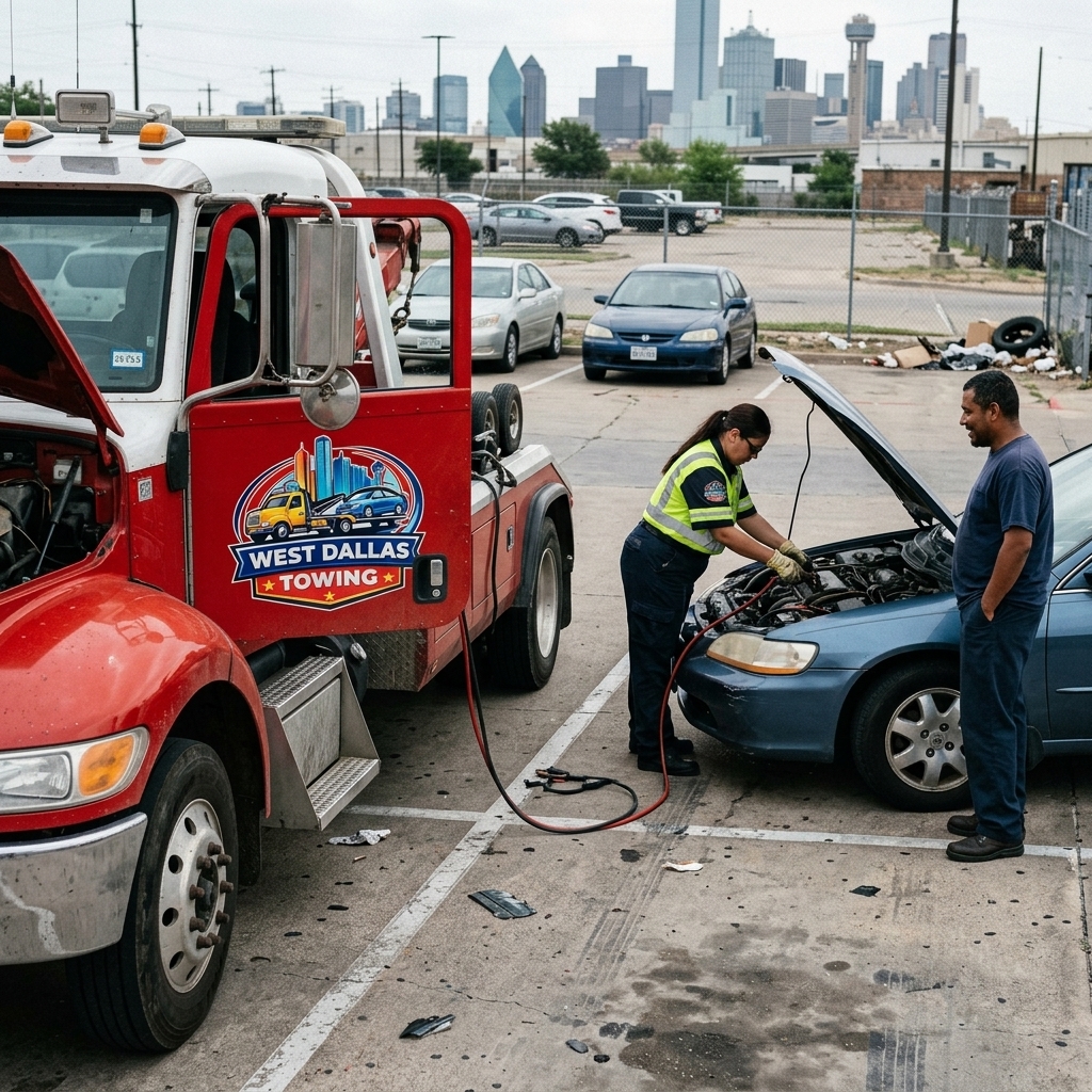 Roadside assistance technician jump-starting a dead battery in Dallas TX
