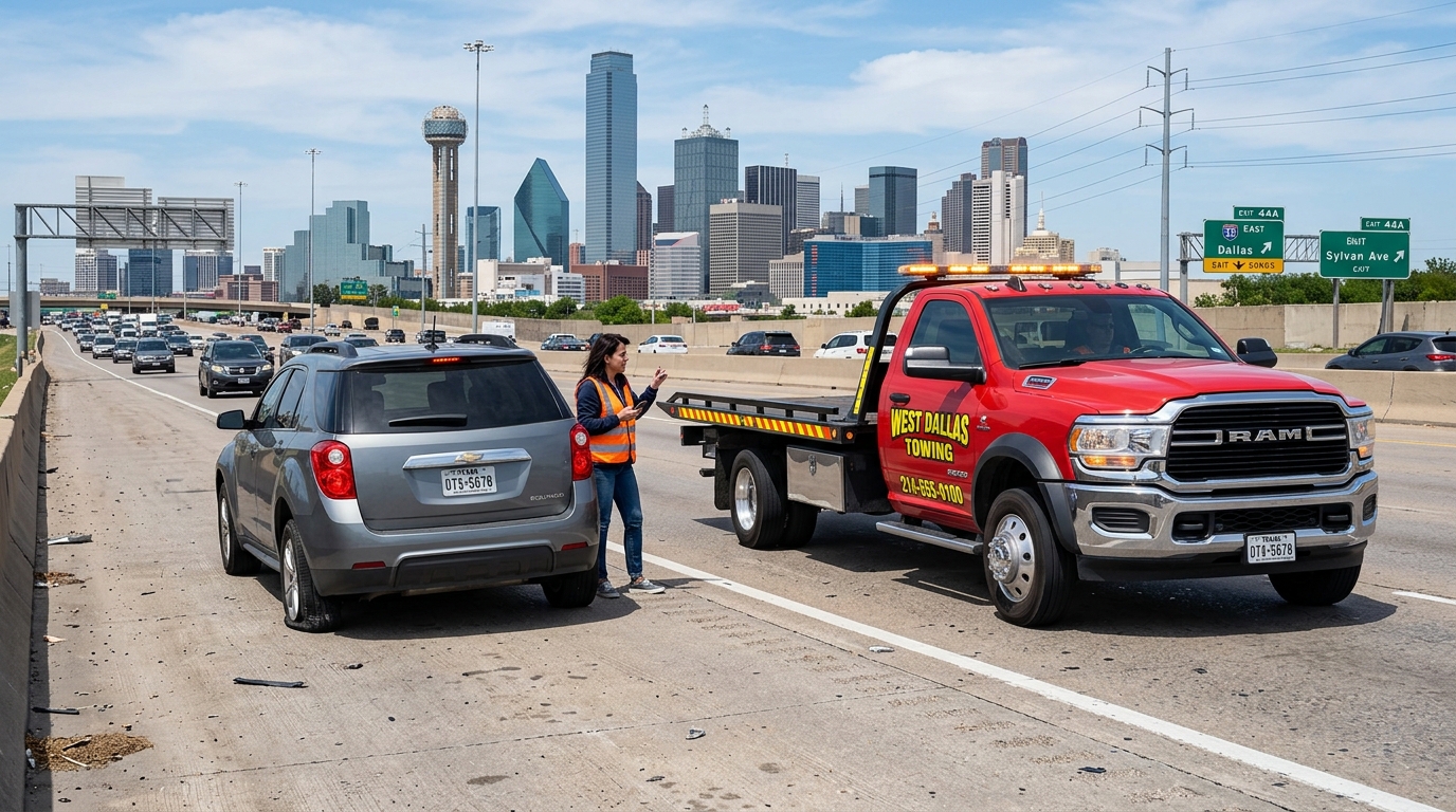 Roadside assistance helping a driver with a flat tire emergency in Dallas TX