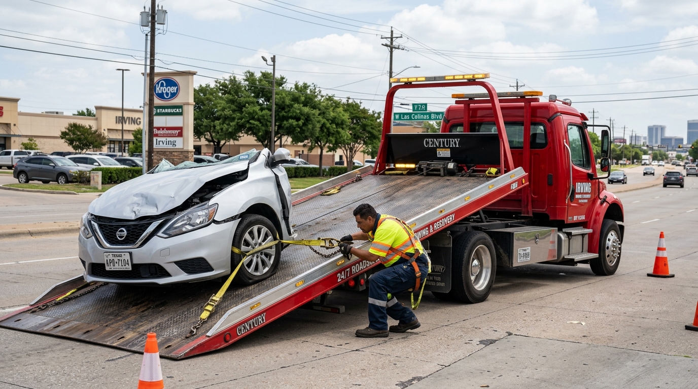 Flatbed tow truck in Irving TX transporting a damaged vehicle safely