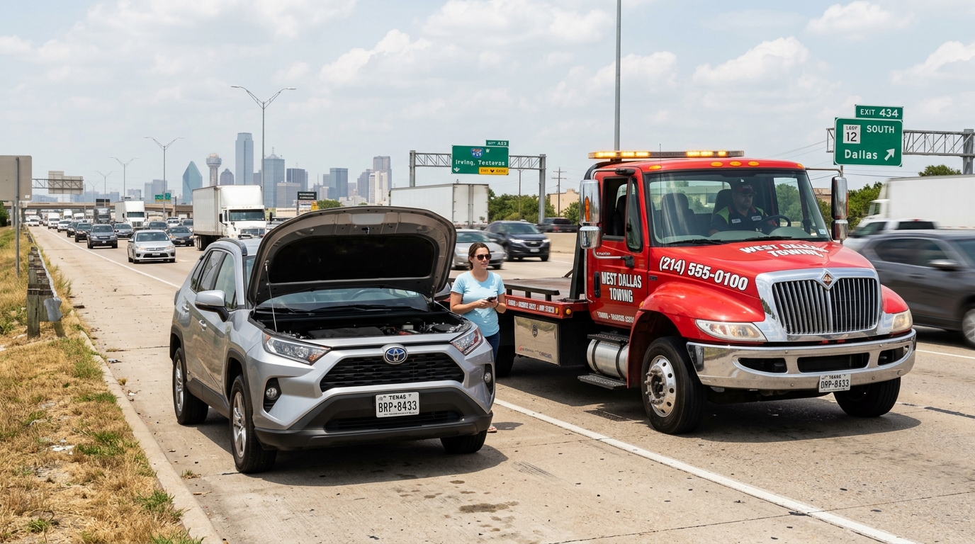 Roadside assistance technician helping a driver with a broken-down vehicle in Irving Texas