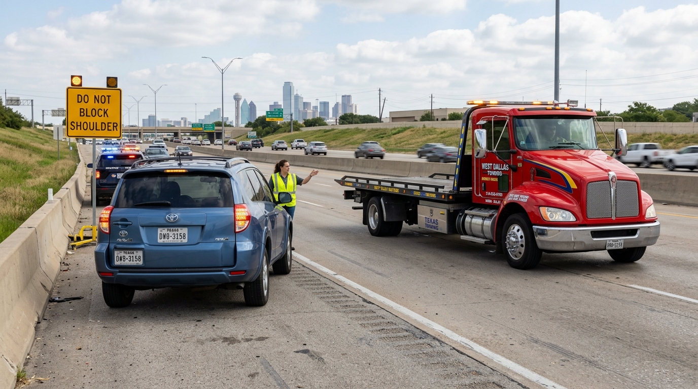 Tow truck helping a stranded vehicle during a roadside emergency in Irving Texas